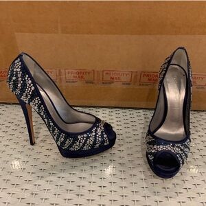 Casadei peep toe navy silver crystal zebra animal print satin pump size 8.